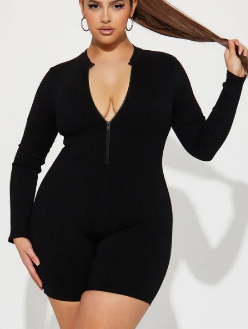 Fashion Nova Sabrina Snatched Black Knit Romper Bodysuit with Front Zip Size 2X